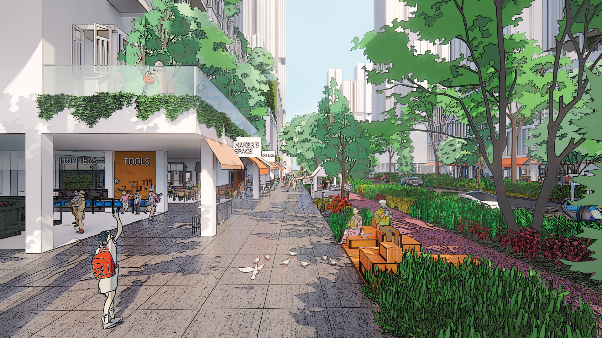 Pedestrian-friendly street with social and commercial uses.